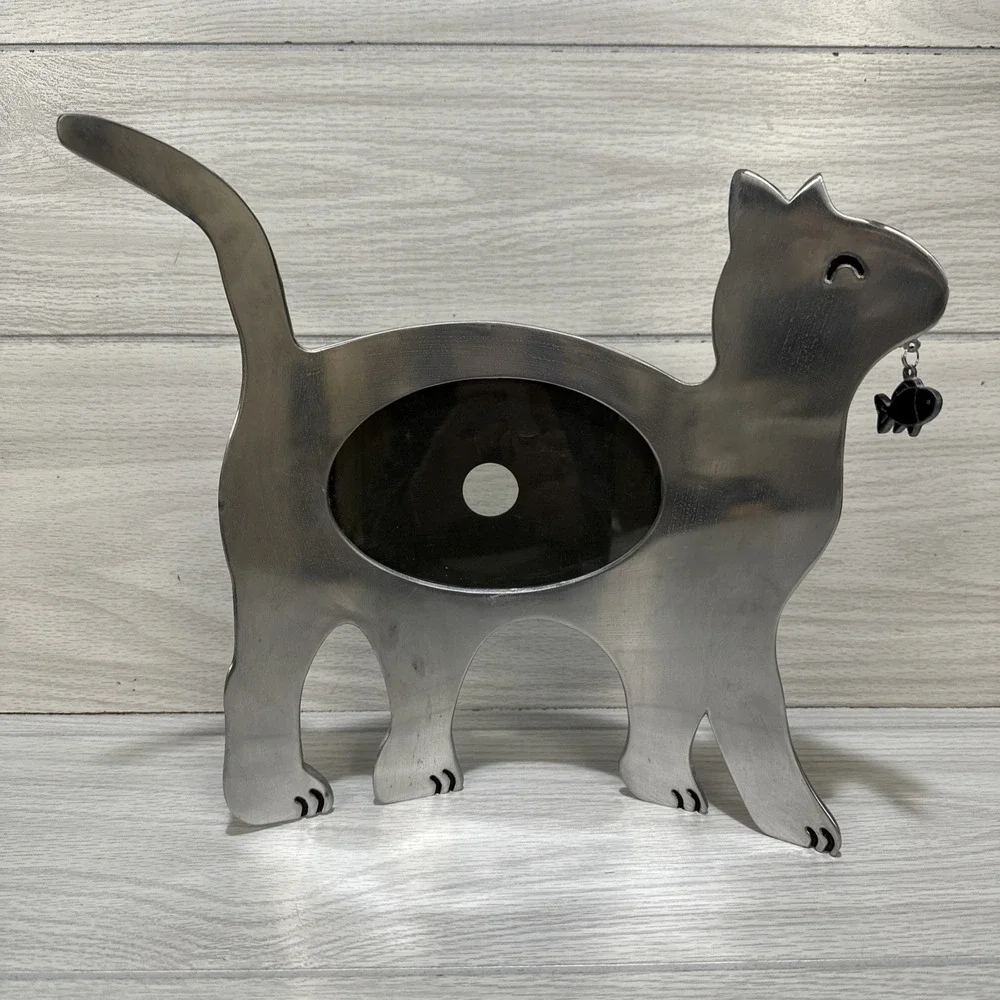 Free-Standing Metal Cat Photo Frame Curved Metal Kitten Dangling Fish 12.5x11.5